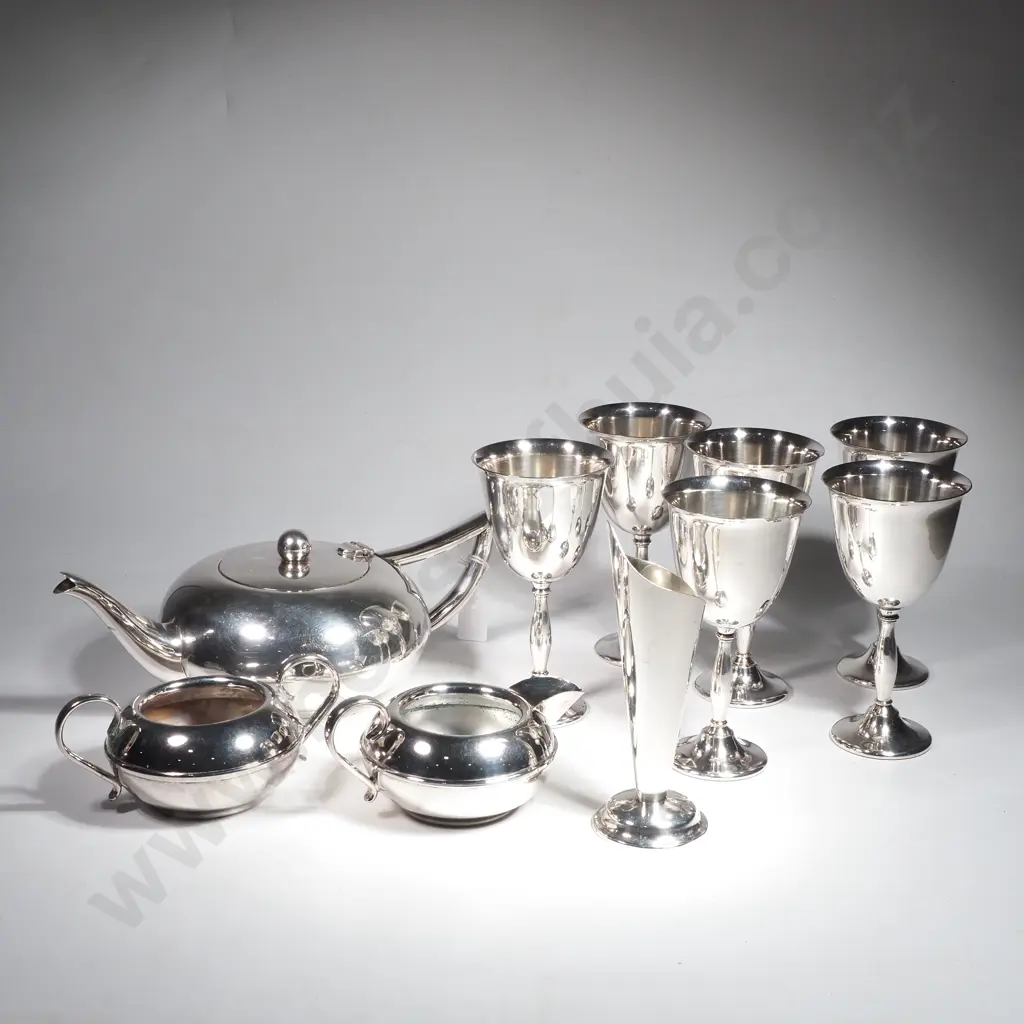 Set of Six Silver Plated Wine Goblets, Bud Vase & Three Piece Tea Set Image 1++