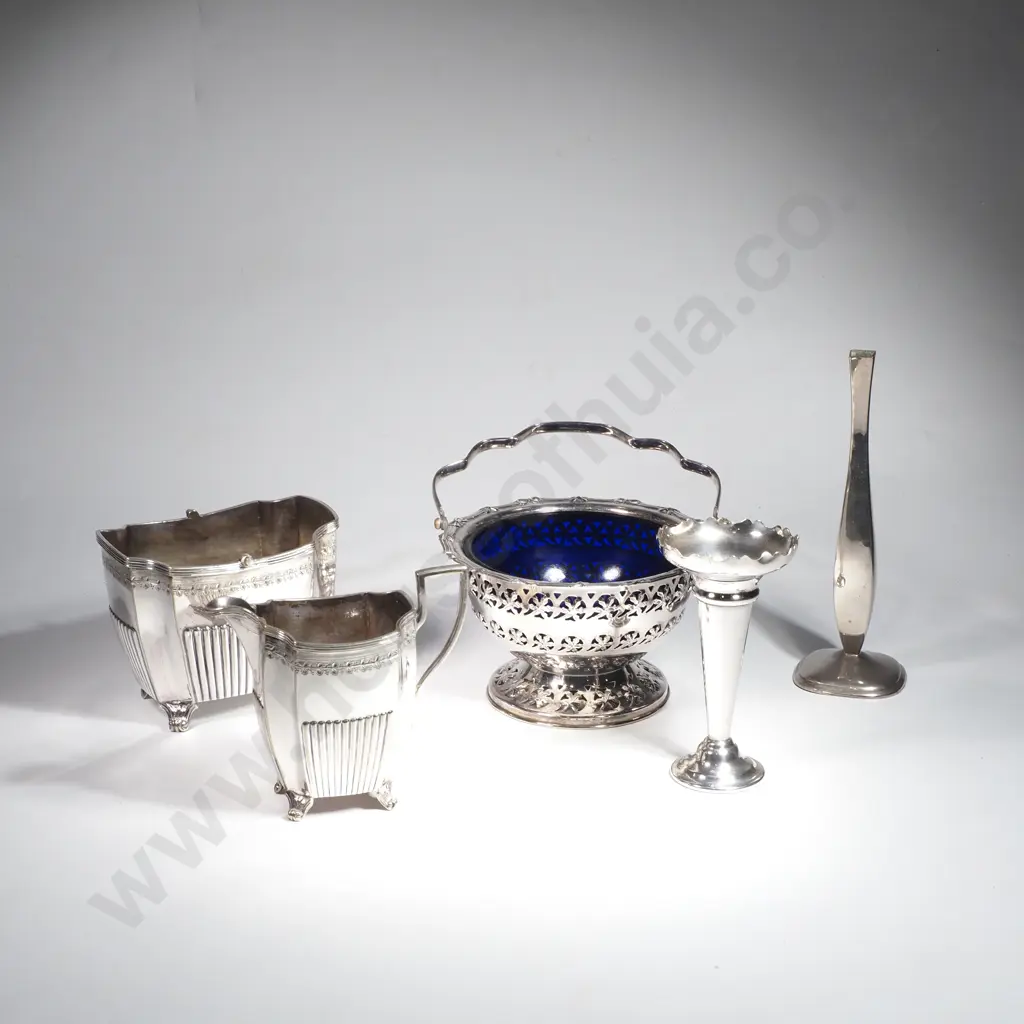 Quality Silver Plated Creamer & Jug, Two Bud Vases & a Pierced Basket w Blue Glass Liner Image 1++