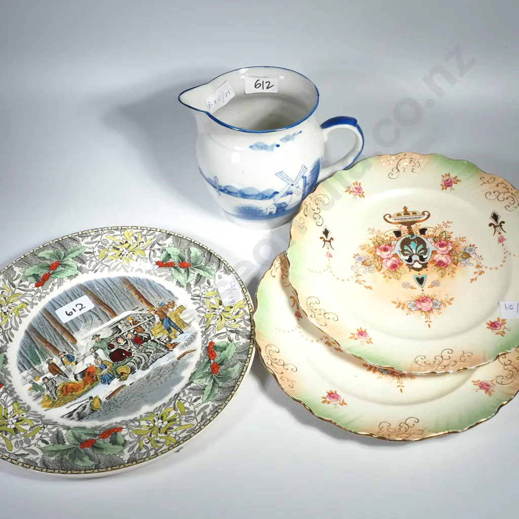 Two Crown Devon Fielding Ceramic Cake Plates & Adams England Winter Scenes Plate & a Blue & White Dutch Windmill Jug Image 1++