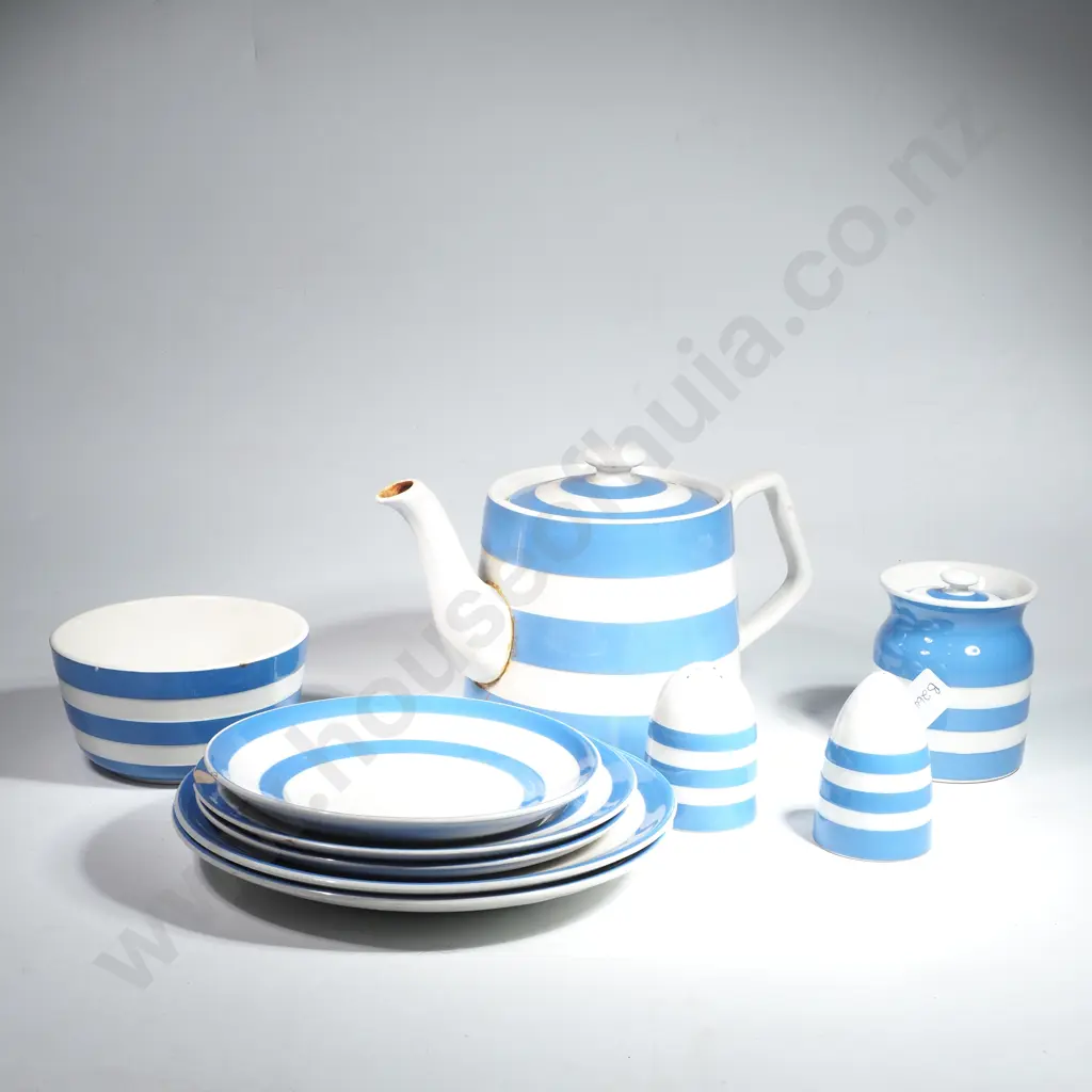 Vintage Green Stamp Cornish Ware Items including Teapot, Sugar Bowl, Salt, Pepper, Four Side Plates & Saucer Image 1++