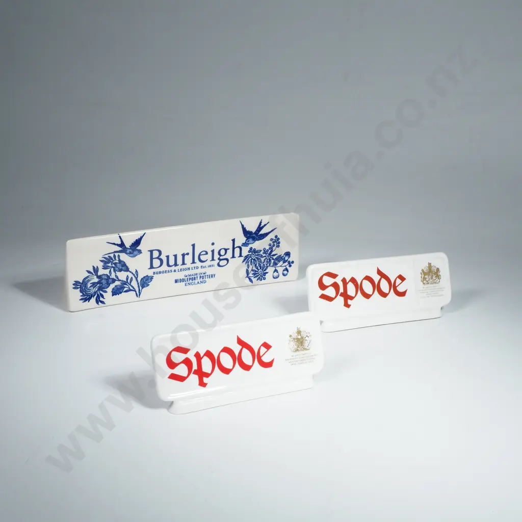 Three Vintage China Advertising Display Plaques - Two Red & White Spode Signs & One Blue & White Burleigh Sign Image 1++