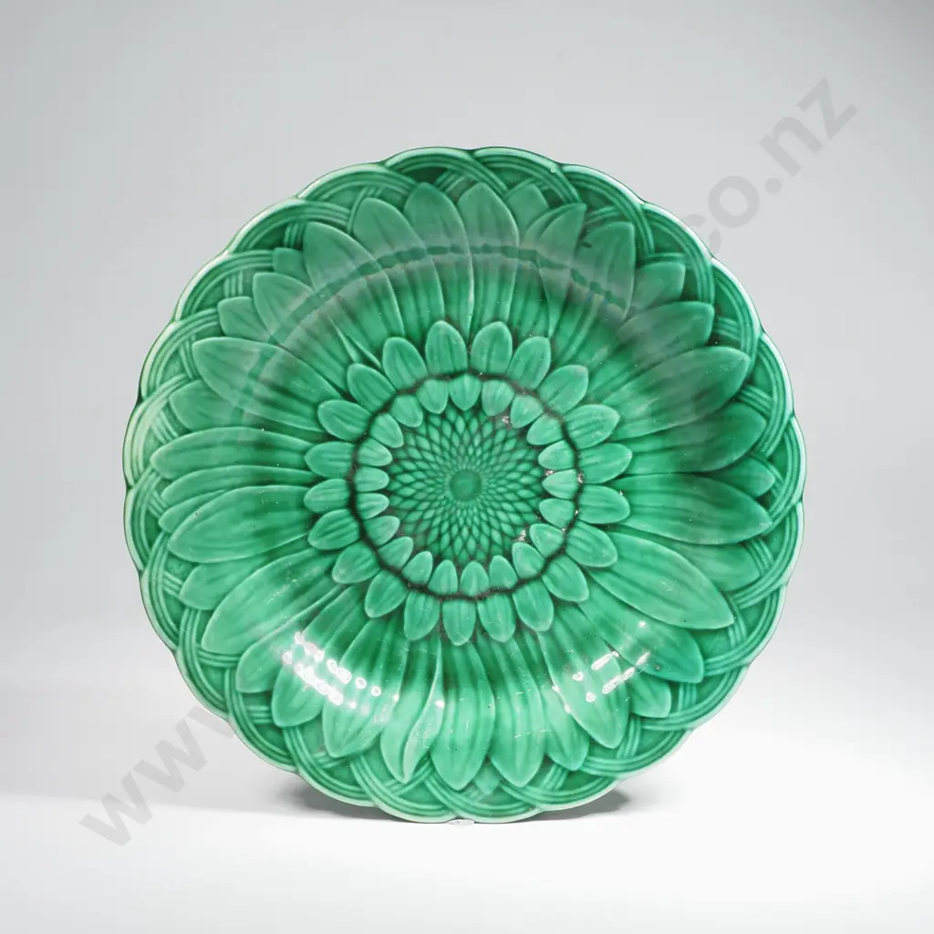 Antique 19th Century Wedgwood Majolica Green Sunflower Basket Weave Plate Image 1++