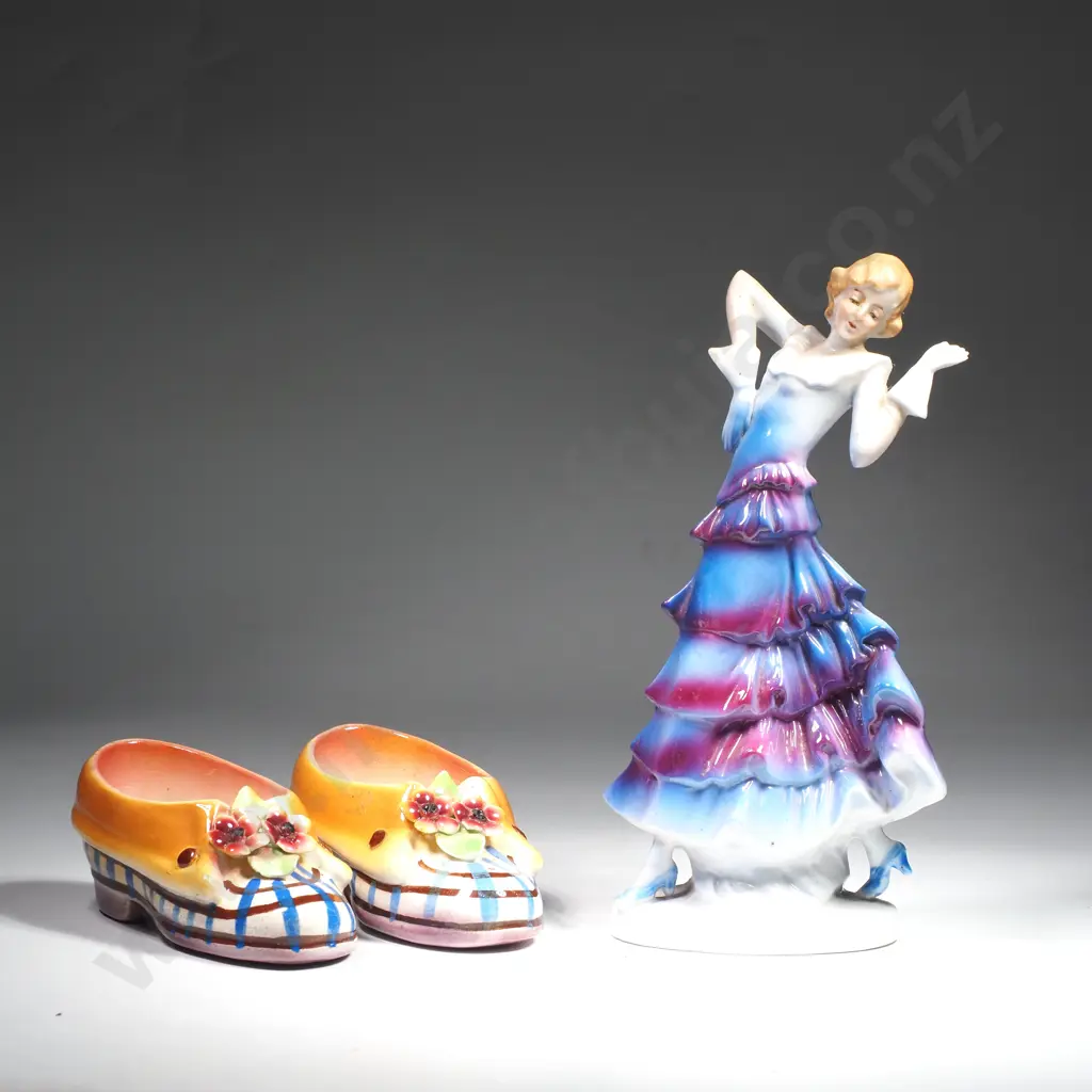 Pair of Vintage Ceramic Shoes w Applied Floral Decoration & an Art Deco Flapper Figurine Image 1++