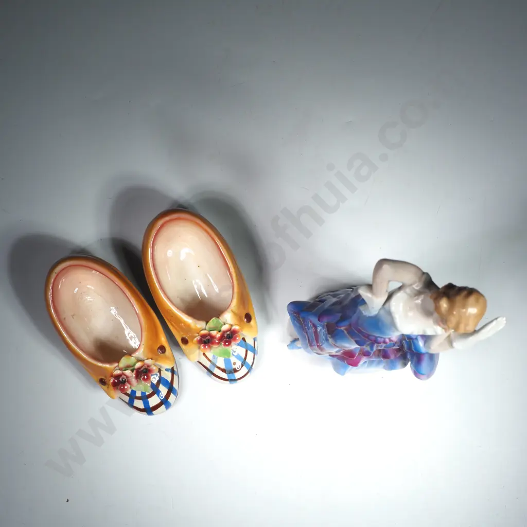 Pair of Vintage Ceramic Shoes w Applied Floral Decoration & an Art Deco Flapper Figurine Image 1++