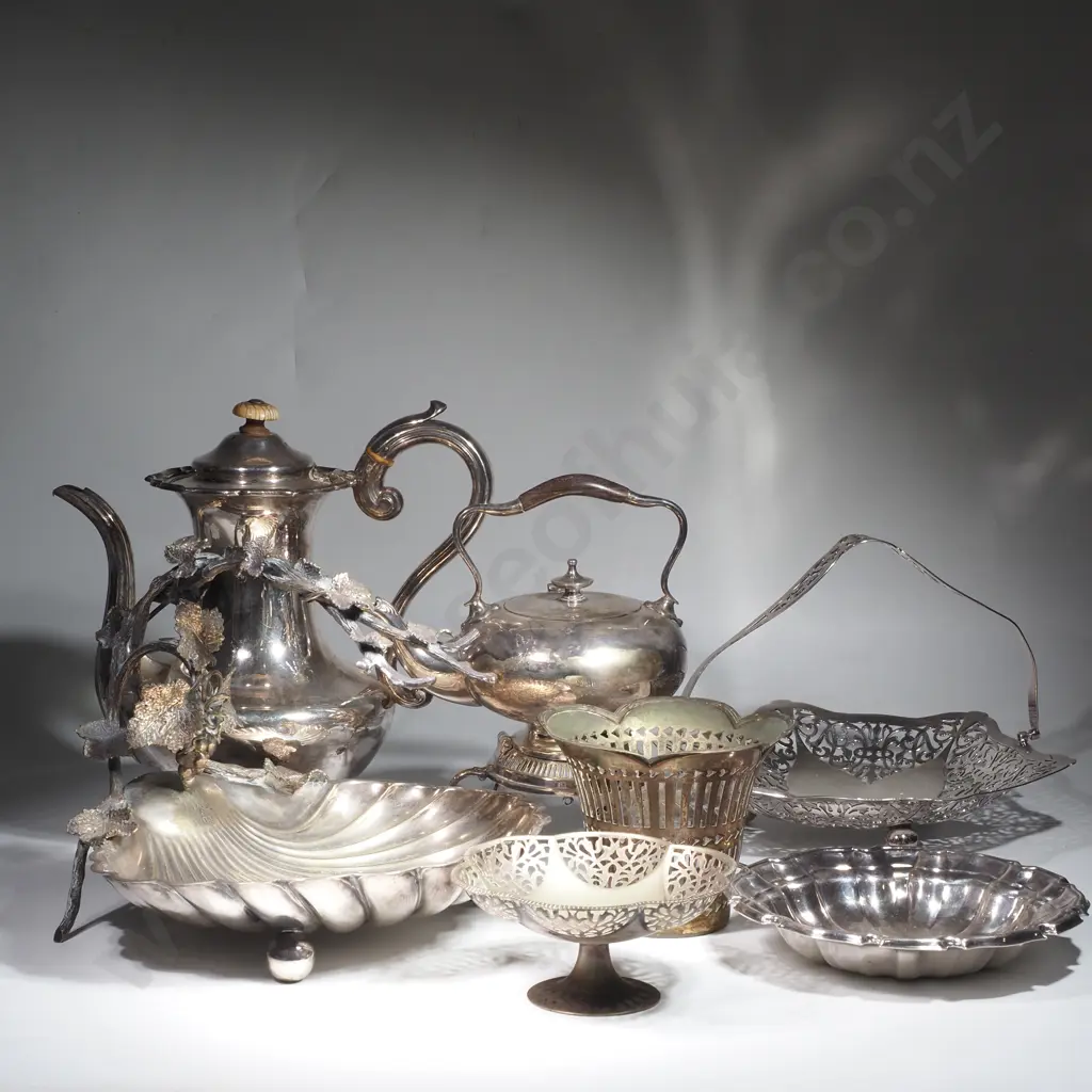 Collection of Silver Plate Items to include Bowls, Basket, Spirit Kettle (Chain Broken) & an EP Coffee Pot Image 1++
