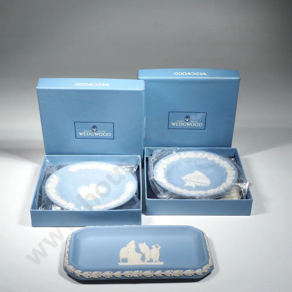Wedgwood Pale Blue Jasperware Oblong Tray, Round Pin Dish & Ashtray, All w Neoclassical Decoration Image 1++