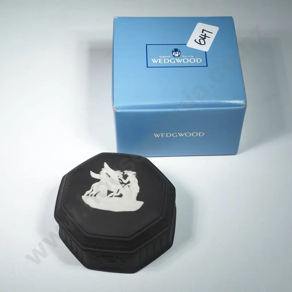 Black Wedgwood Jasperware Fluted Octagonal Box w Embossed Figure of Pegasus Image 1++
