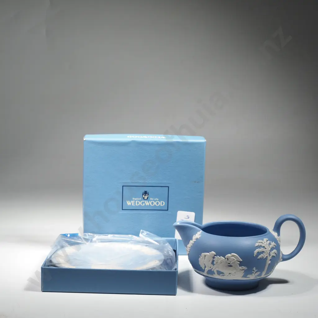 Wedgwood Jasperware Blue Cream Jug & Ashtray w Neoclassical Style Decoration Image 1++