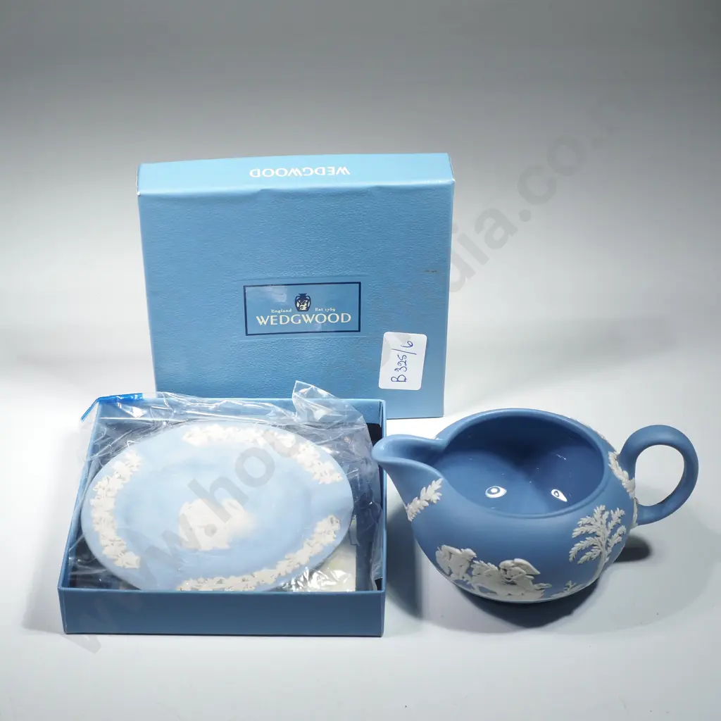 Wedgwood Jasperware Blue Cream Jug & Ashtray w Neoclassical Style Decoration Image 1++