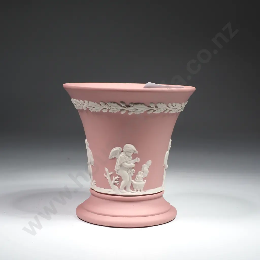 Pink Wedgwood Jasperware Flared Vase w White Classical Cherub Relief Image 1++