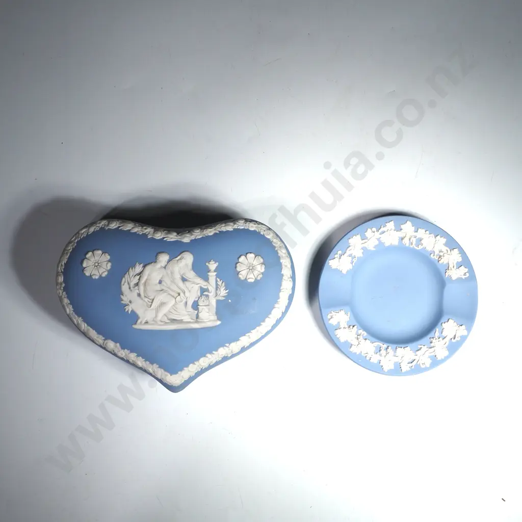 Wedgwood Jasperware Heart Trinket Box, Blue Greek Mythology Design & a Small Jasperware Ashtray Image 1++