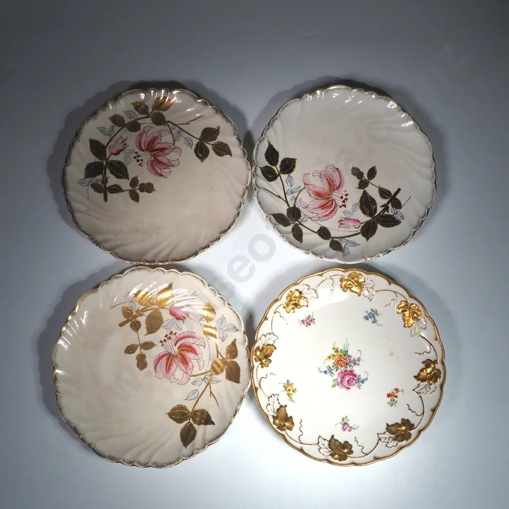 Four Vintage German Plates w Floral Decoration & Gilt Leaves, Limoges Candlestick & Silver Plate Jug & Sugar Bowl Image 1++