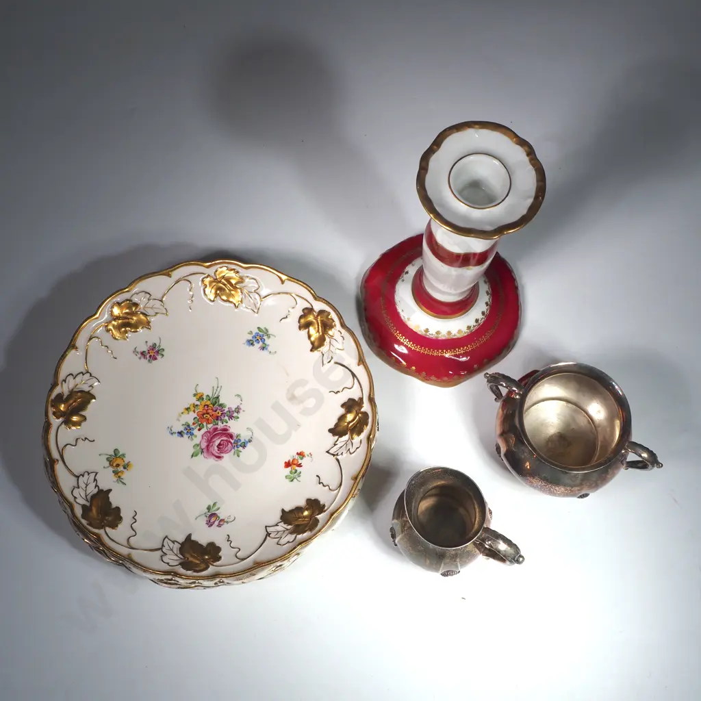 Four Vintage German Plates w Floral Decoration & Gilt Leaves, Limoges Candlestick & Silver Plate Jug & Sugar Bowl Image 1++