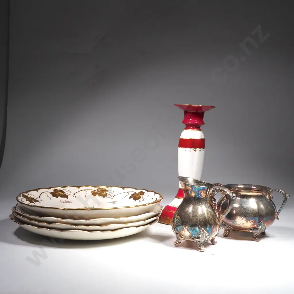 Four Vintage German Plates w Floral Decoration & Gilt Leaves, Limoges Candlestick & Silver Plate Jug & Sugar Bowl Image 1++