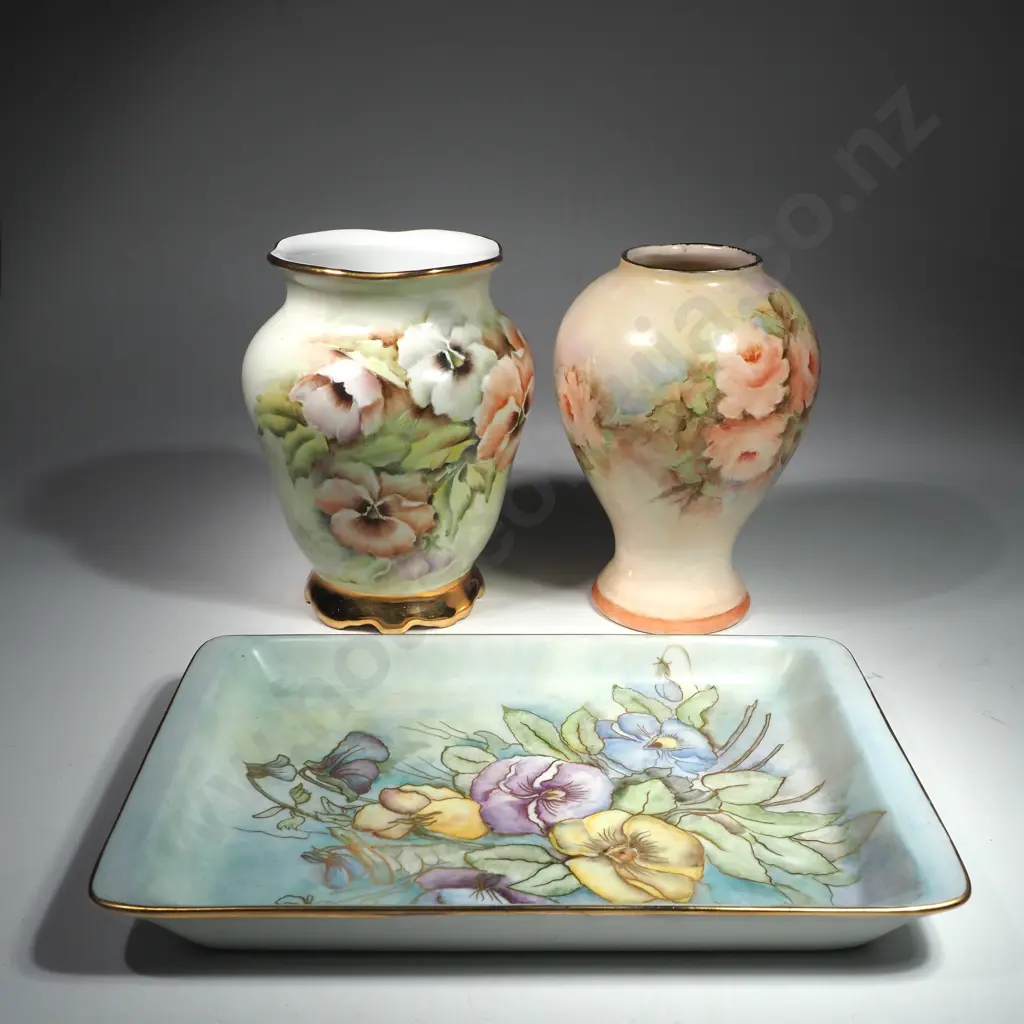 Three Hand Painted   Items - Two Vases & a Tray,, all w Floral Decoration Image 1++