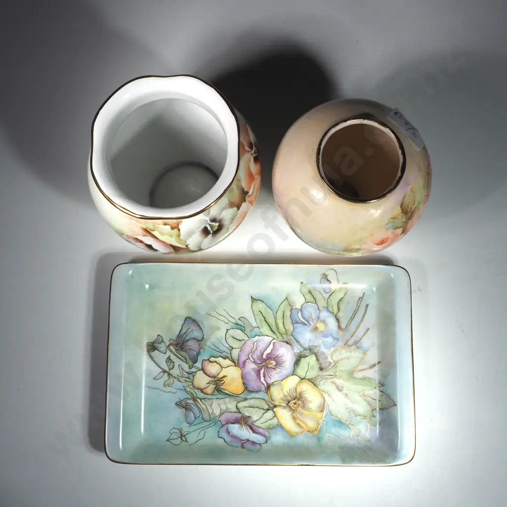 Three Hand Painted   Items - Two Vases & a Tray,, all w Floral Decoration Image 1++