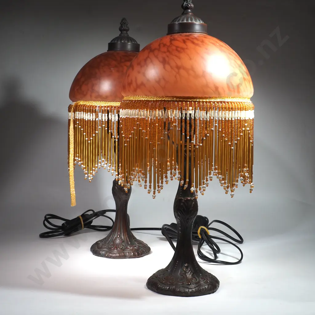 Pair of Edwardian Style Amber Beaded Glass Table Lamps on a Bronze Finish Art Nouveau Style Metal Base Image 1++