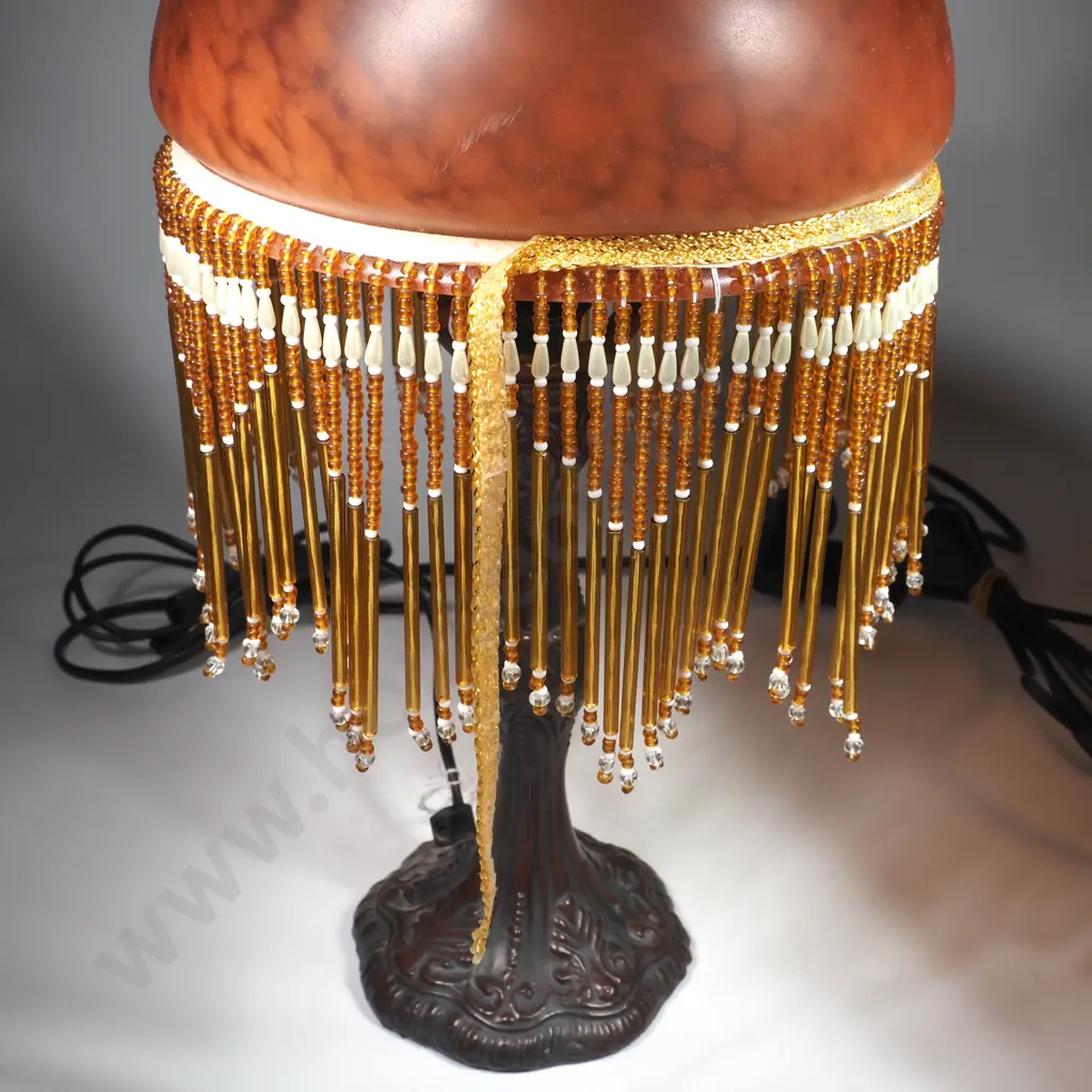 Pair of Edwardian Style Amber Beaded Glass Table Lamps on a Bronze Finish Art Nouveau Style Metal Base Image 1++