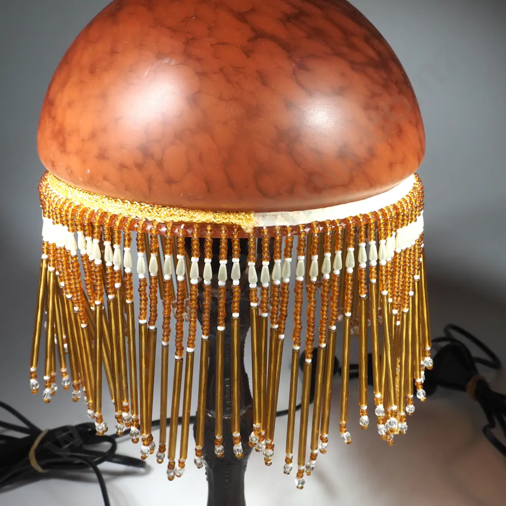 Pair of Edwardian Style Amber Beaded Glass Table Lamps on a Bronze Finish Art Nouveau Style Metal Base Image 1++