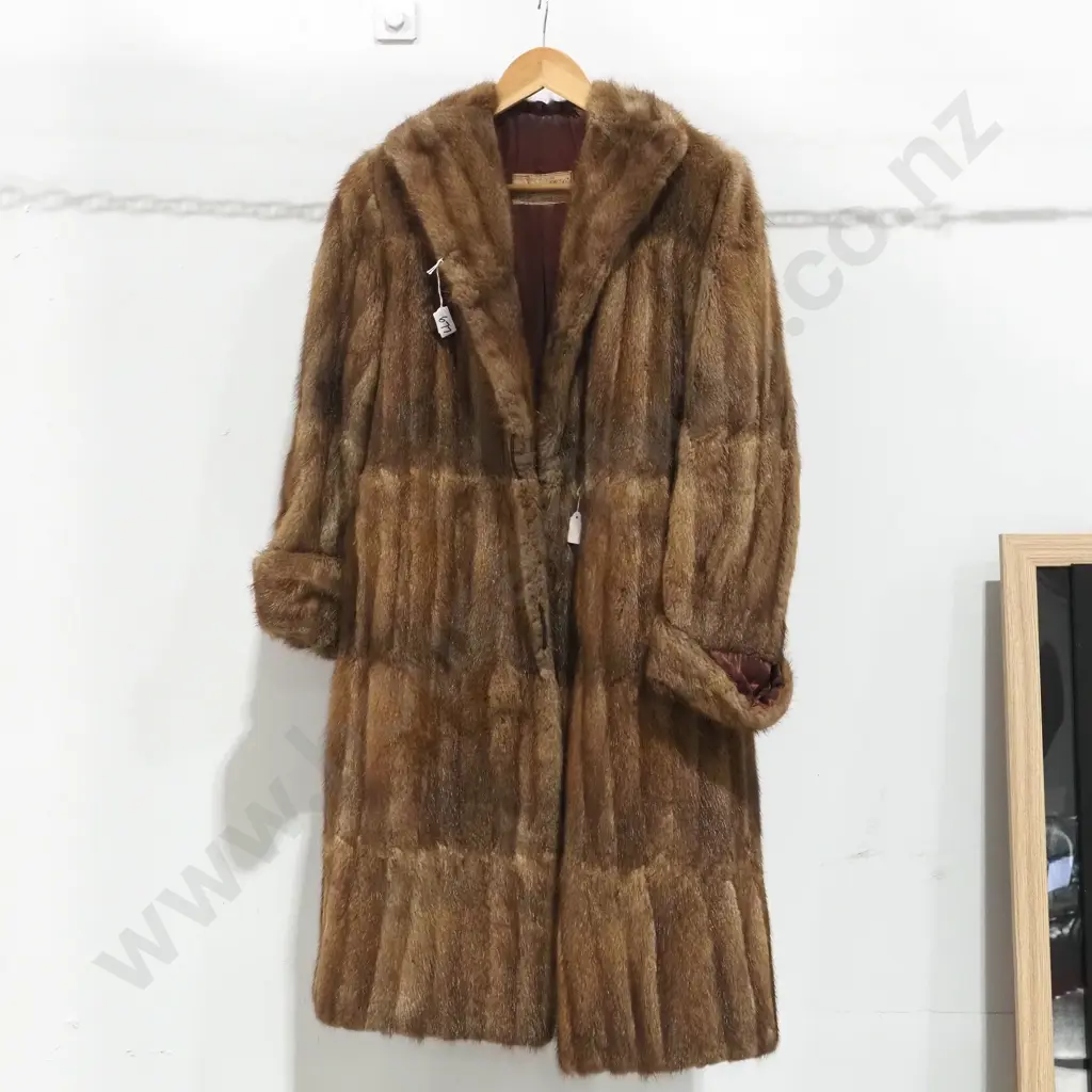 Vintage Full Length Brown Fur Coat Accented by Two Large Marbled Buttons & a Burgundy Striped Lining Image 1++