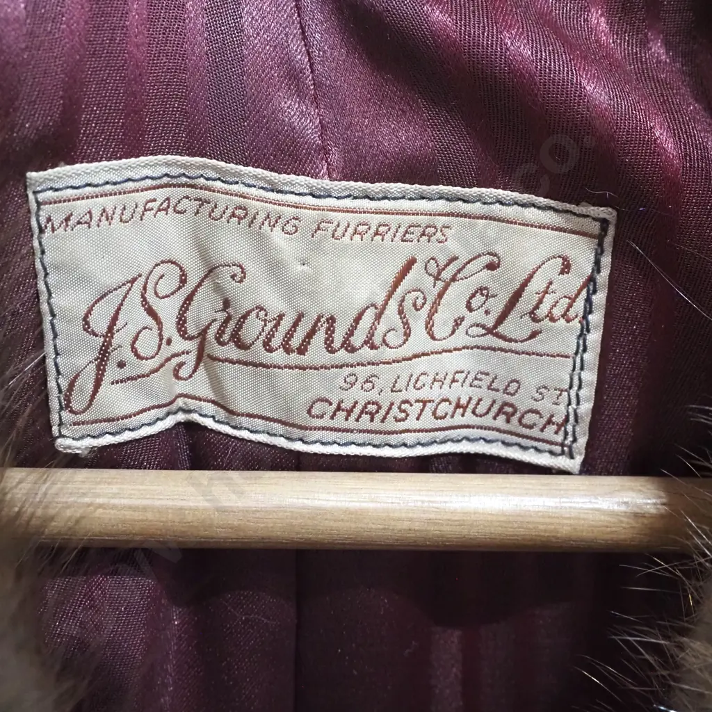 Vintage Full Length Brown Fur Coat Accented by Two Large Marbled Buttons & a Burgundy Striped Lining Image 1++