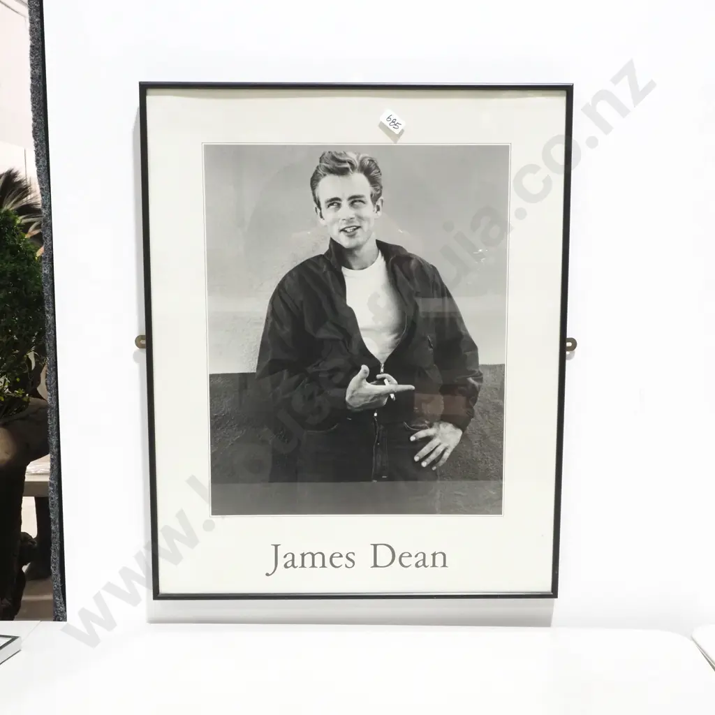 Framed Black & White Print depicting a Photograph of James Dean Wearing his Signature Dark Jacket & White T-Shirt Image 1++