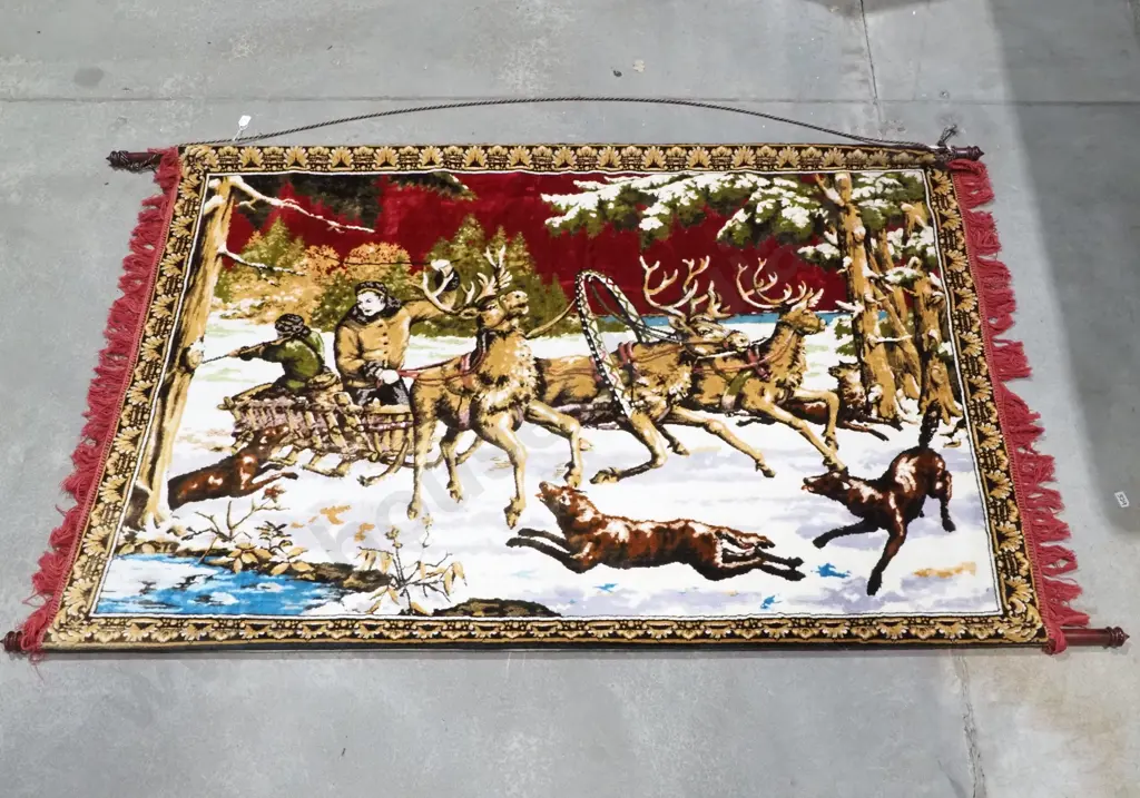 Large 1970s Velvet Wall Hanging Tapestry - Sleigh & Wolves Image 1++