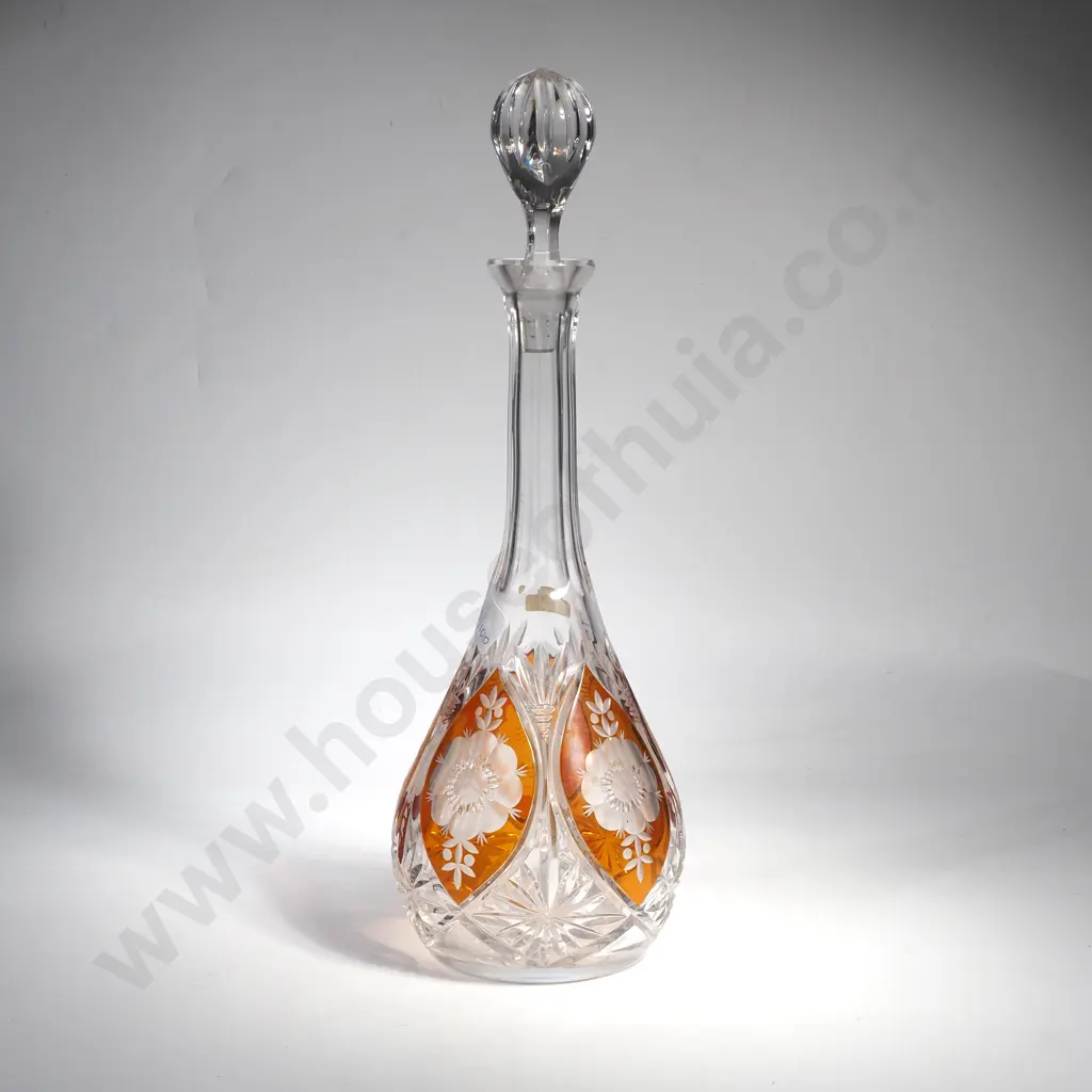 Irena Amber Cut to Clear Glass Decanter w Faceted Crystal Cuts Image 1++