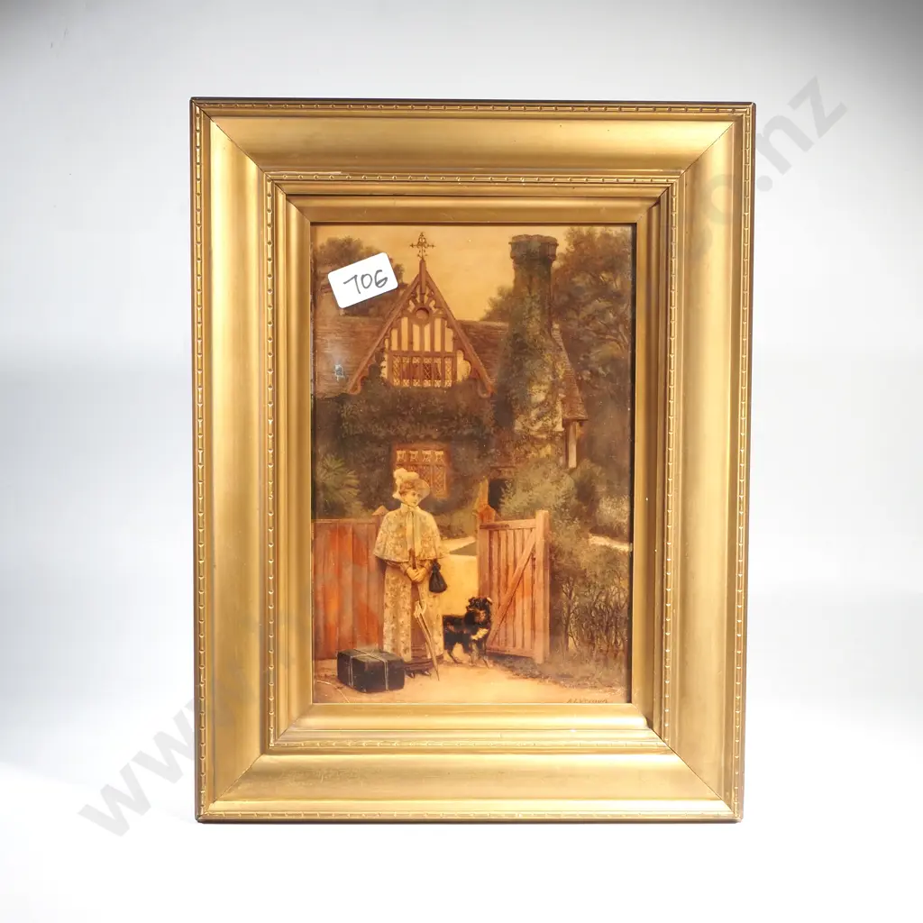 A Vintage Crystoleum Print w an Edwardian Lady in a Cape and w her Dog at a Cottage Gate Image 1++