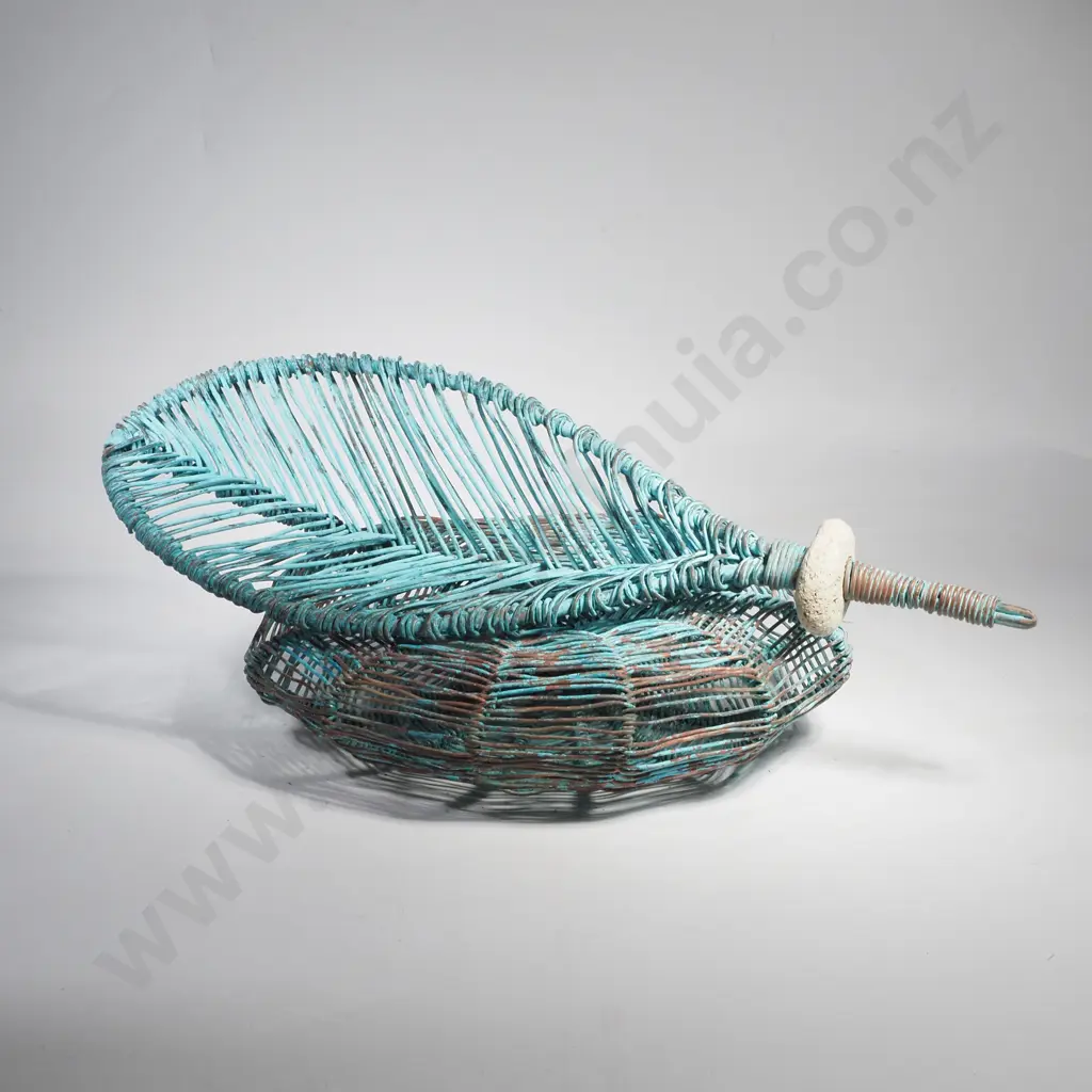 Two Decorative Blue Copper  Wire Basketry Sculptures, One Resembling a Leaf Form Image 1++