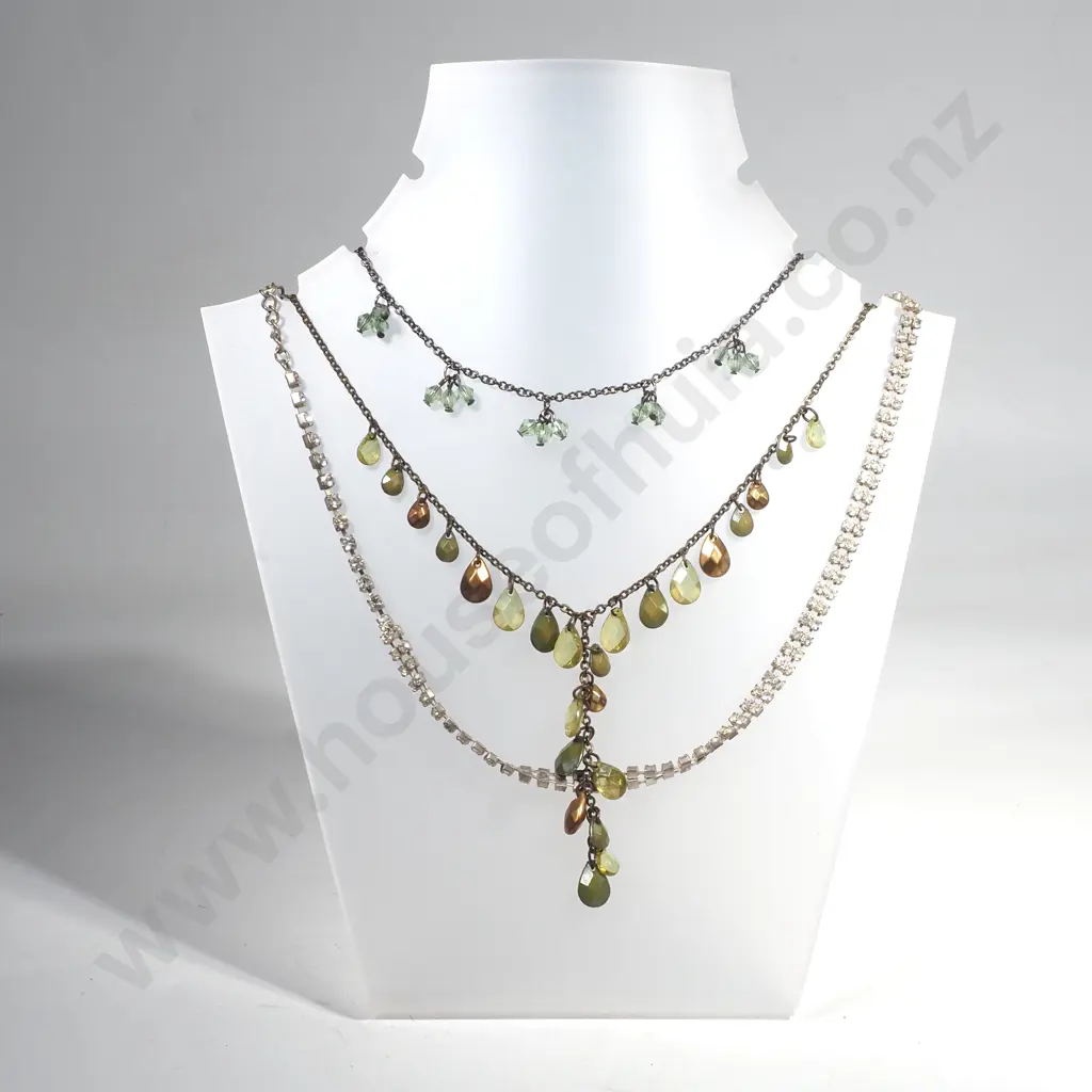 Three Necklaces - Vintage Necklace w Faceted Olive Green & Amber Beads, Necklace w Crystal Drops & a Diamante Necklace Image 1++