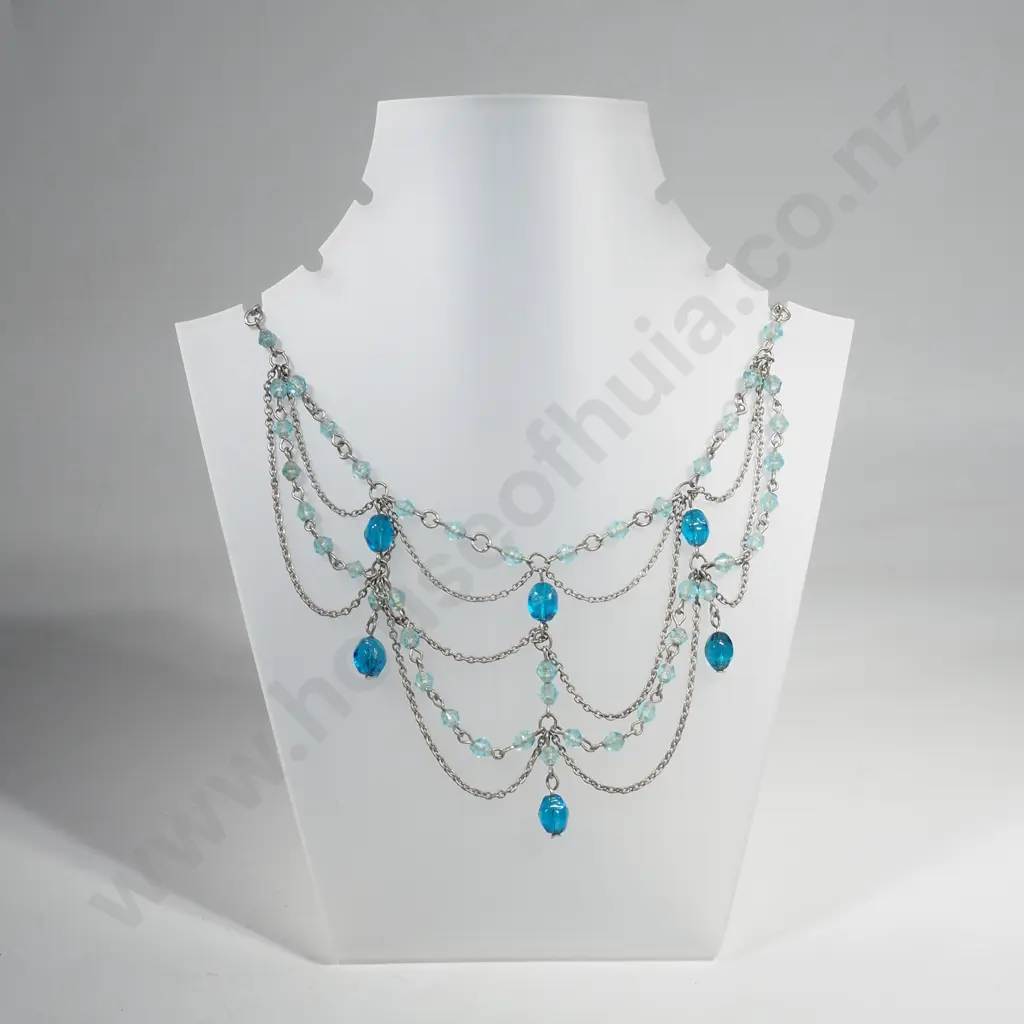 Silver Tone Multi Strand Cascade Necklace/Choker in Sapphire & Aqua Blue Image 1++