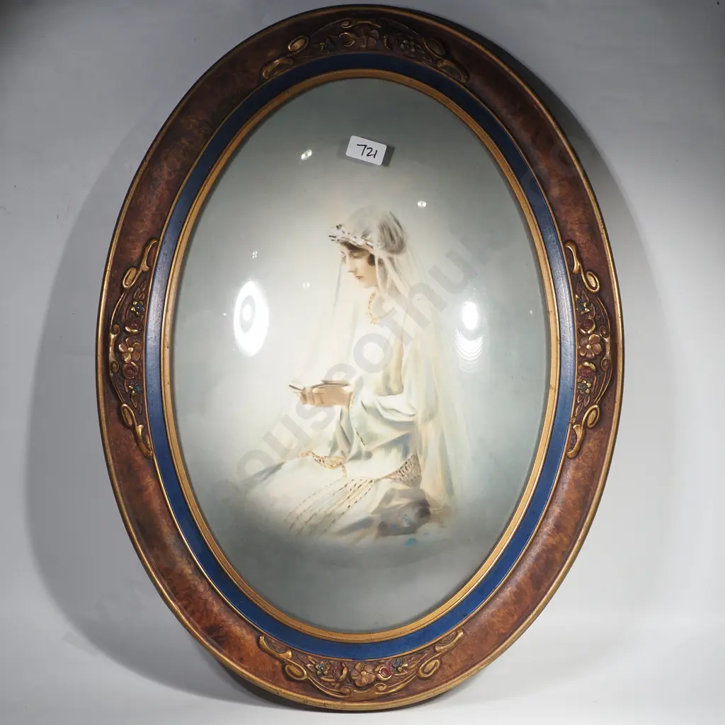 Antique Oval Ornate Framed Picture w Convex Glass featuring a Women in a White Veil w Blue Inner Border Image 1++