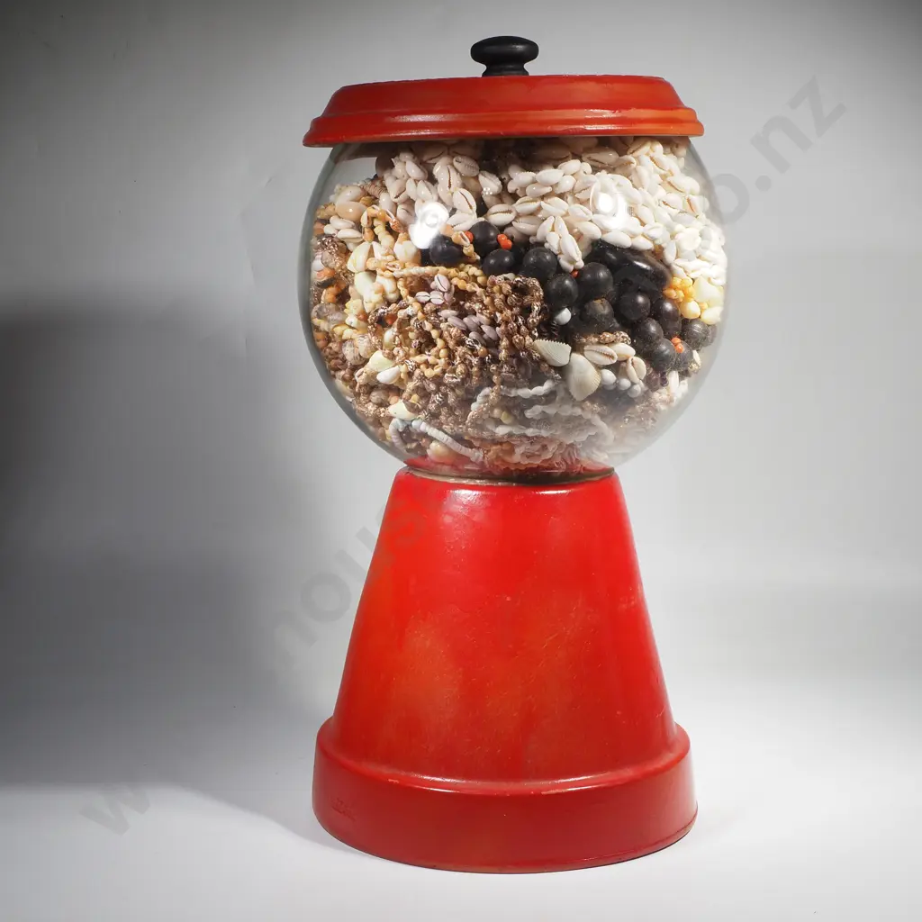 Large Glass Bowl on Pedestal Filled w Shell Necklaces Image 1++