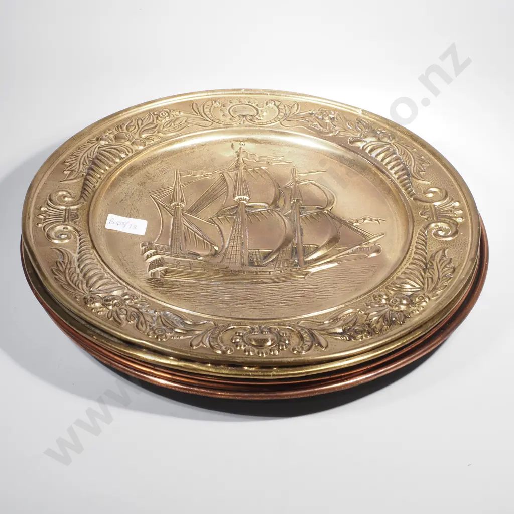 Five Brass Plaques w Embossed  Sailing Ships in Various Sizes Image 1++