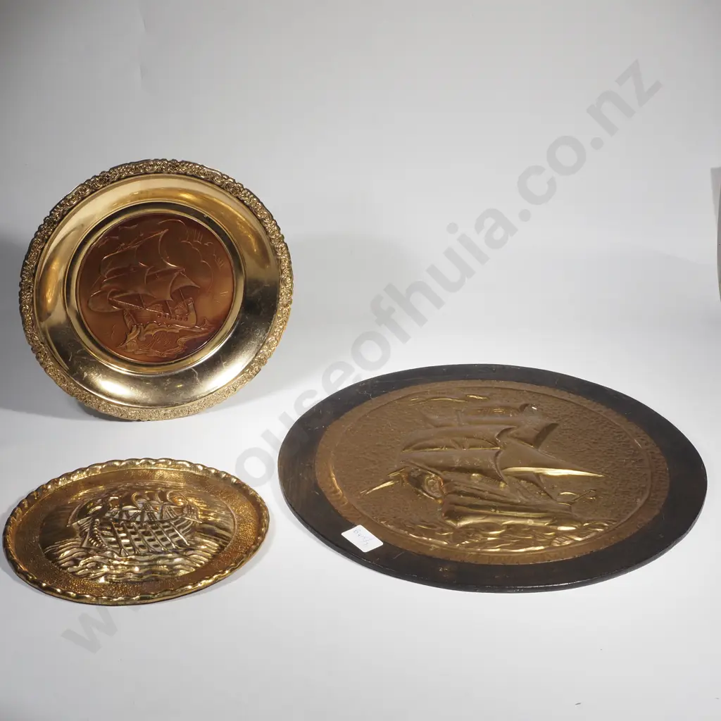 Three Brass Plaques w Embossed Sailing Ships in Various Sizes, One w Copper Coloured Centre & the One w Timber Rim Image 1++