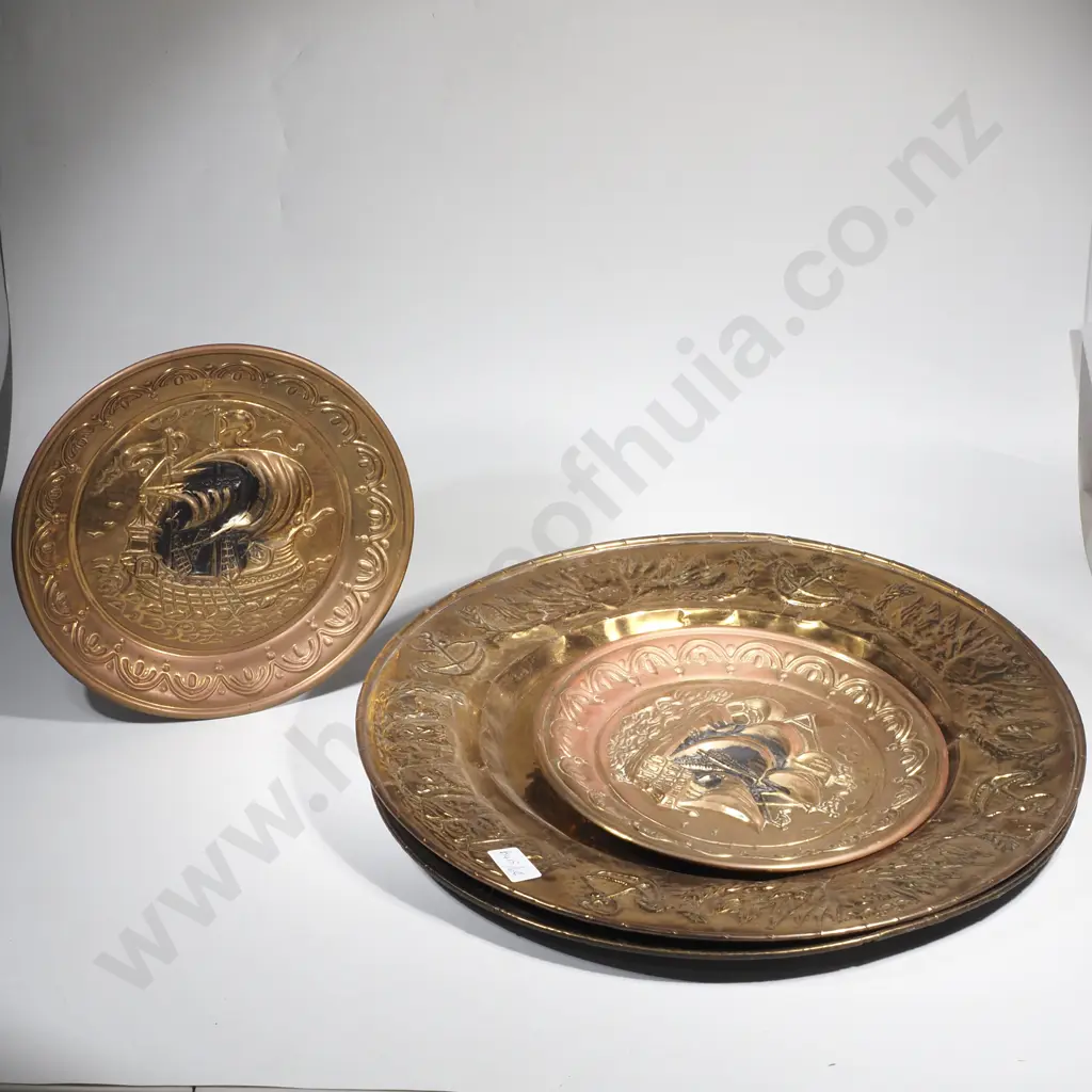 Two Large Brass Plaques w Embossed Sailing Ships & Two Smaller Brass Plaques w  Embossed Galleons Image 1++