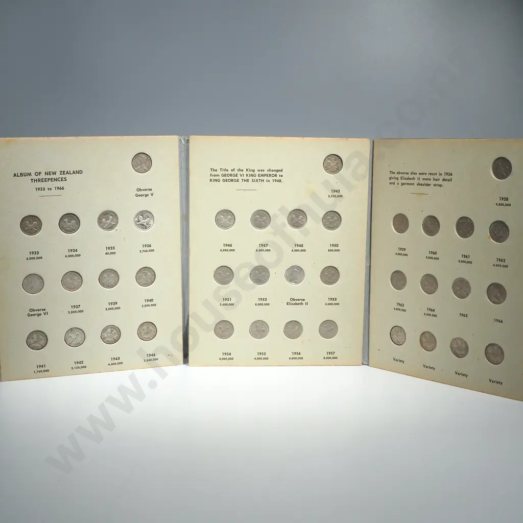 A complete set of threepences from 1933 to 1964 in a John Bertrand album, mostly in average circulated condition, some better, some dirty or toned, the 1935 in fine condition Image 1++