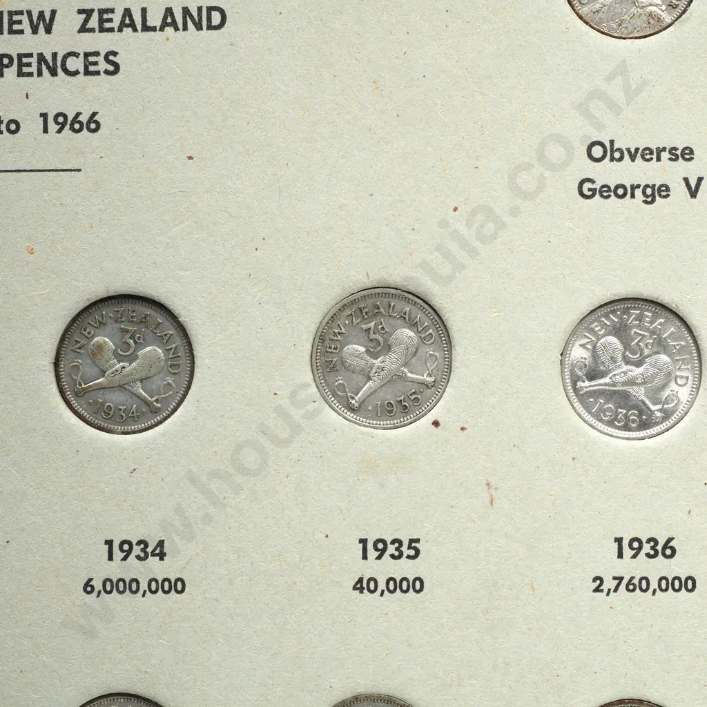 A complete set of threepences from 1933 to 1964 in a John Bertrand album, mostly in average circulated condition, some better, some dirty or toned, the 1935 in fine condition Image 1++