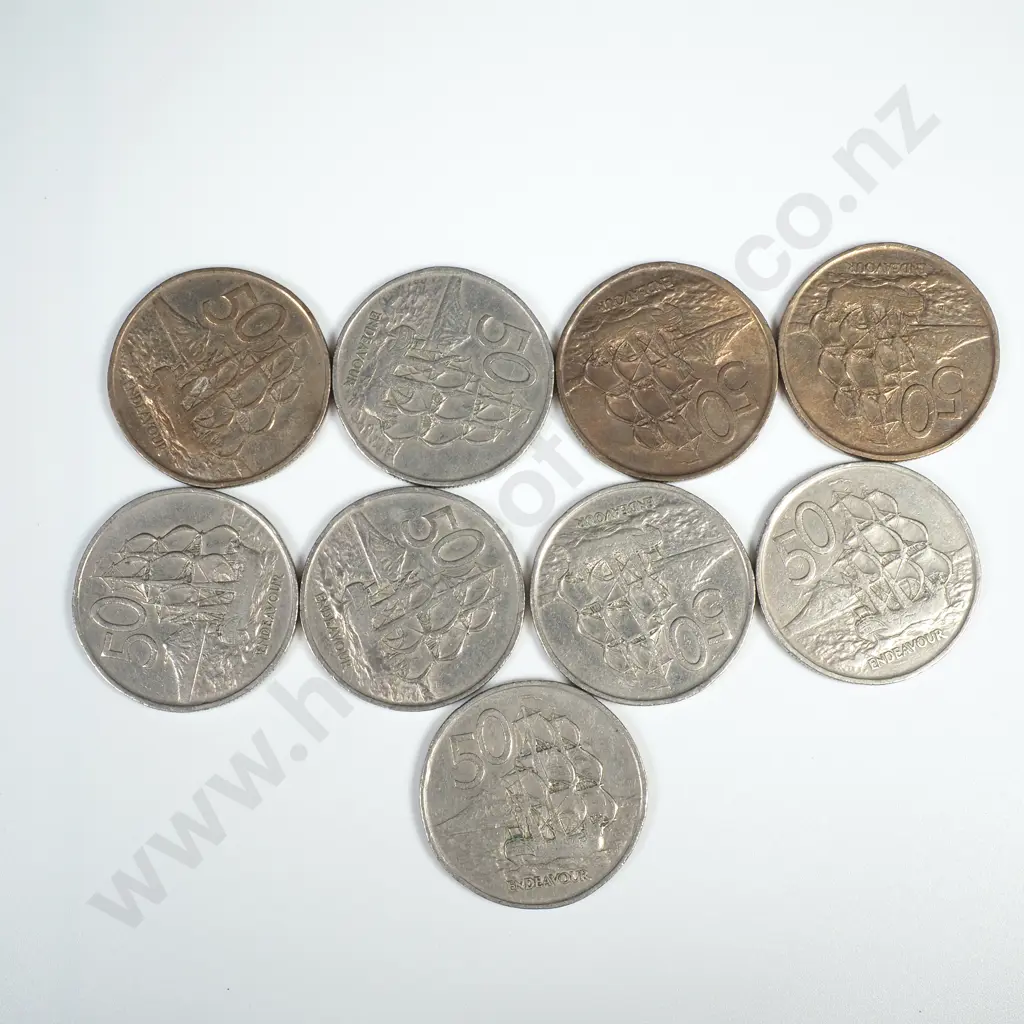 Nine New Zealand Fifty Cent Coins Image 1++