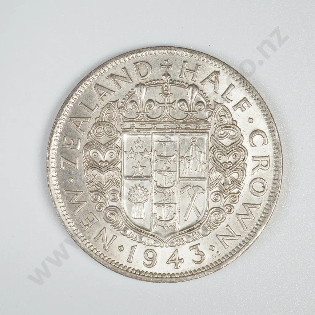 1943 New Zealand Half Crown - Uncirculated, Fine Lustre Image 1++
