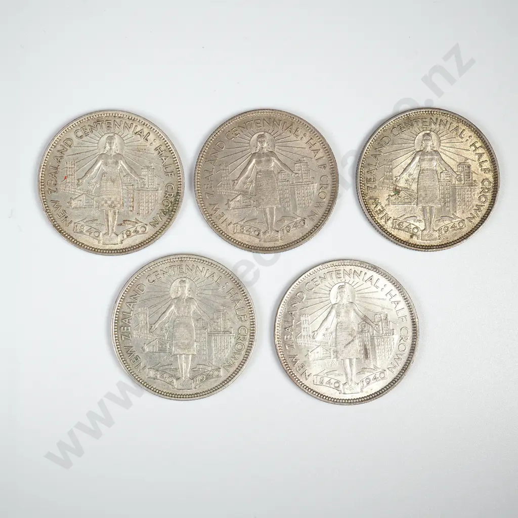 NZ 5 x 1940 Centennial Halfcrowns, Very Fine or Better Image 1++