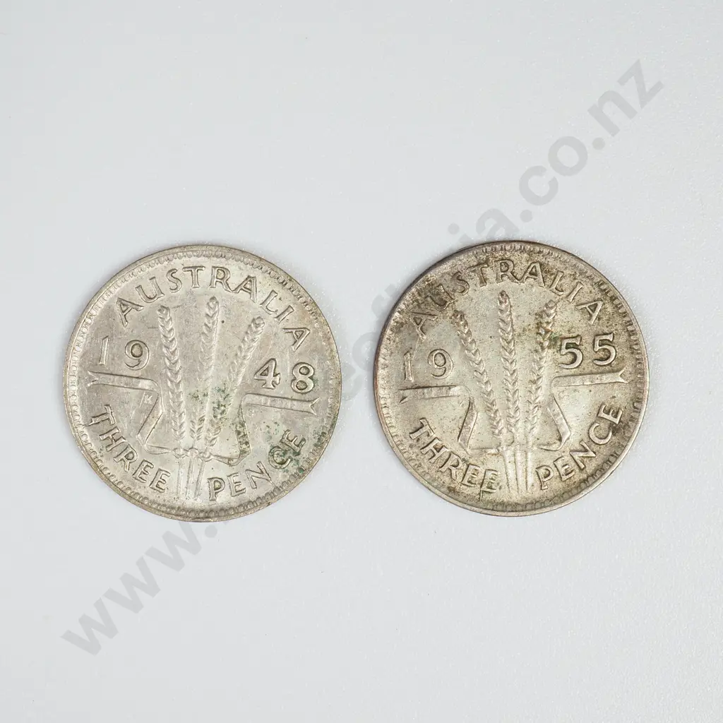 Australia 1948 & 1955 Silver Three Pence Coins Image 1++