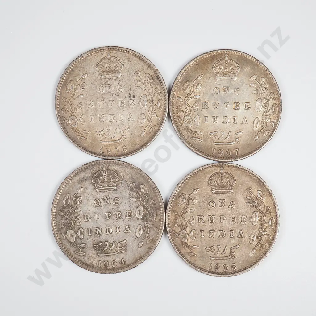 4 x India Silver One Rupees, 1904, 1905, 1906, 1907, Very Fine or Better Image 1++