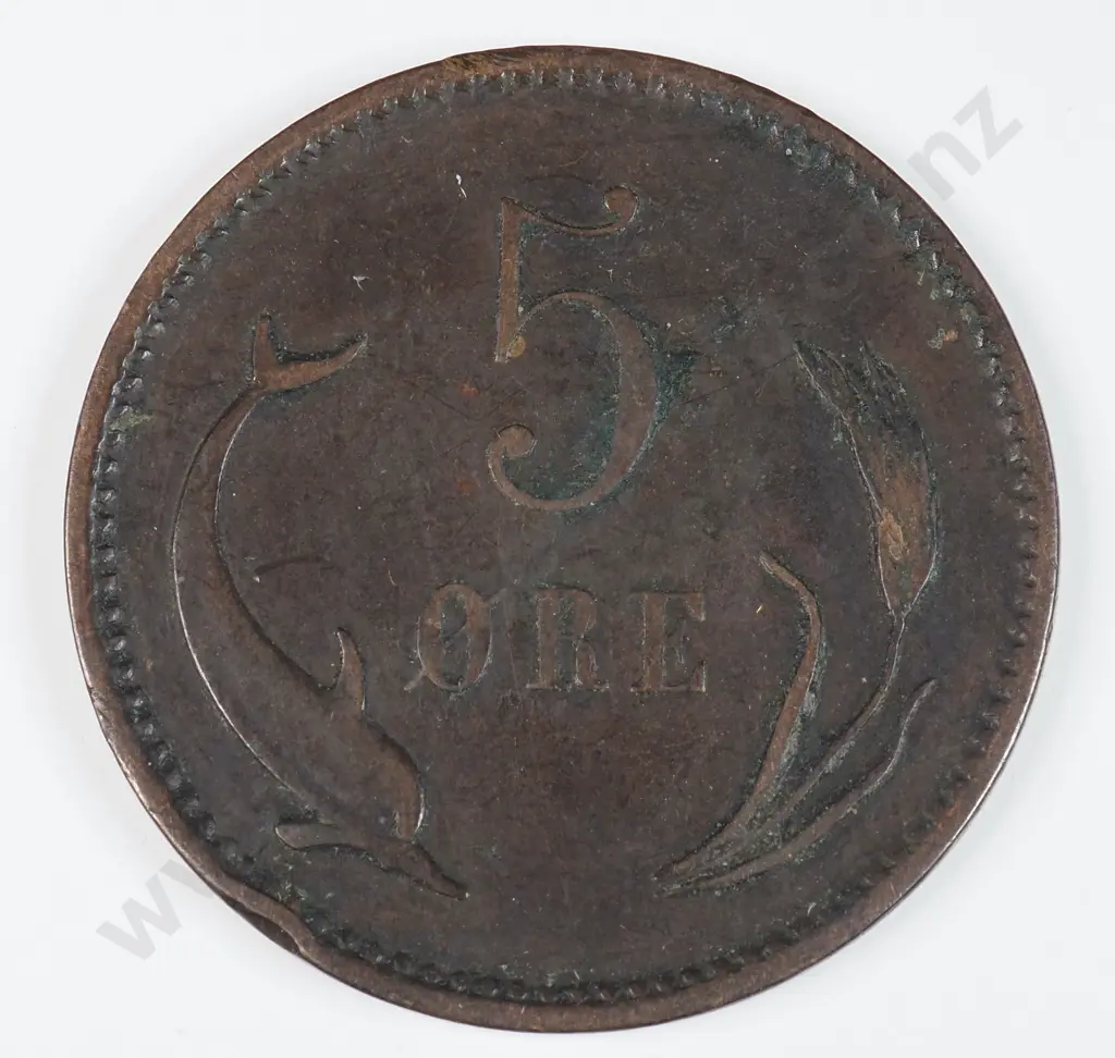 Denmark 1891 Five Ore, Very Fine Image 1++