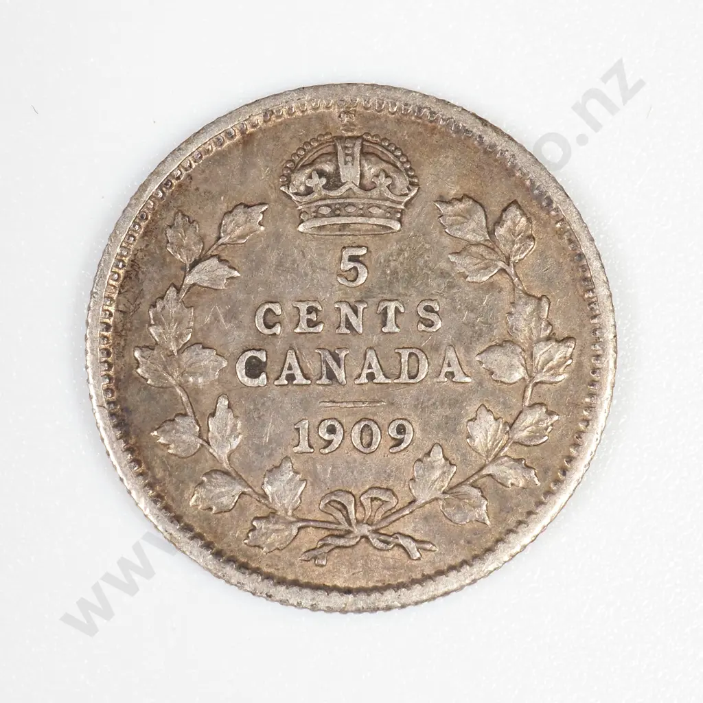 Canada 1909 Silver 5 Cents Round Leaves Type Image 1++