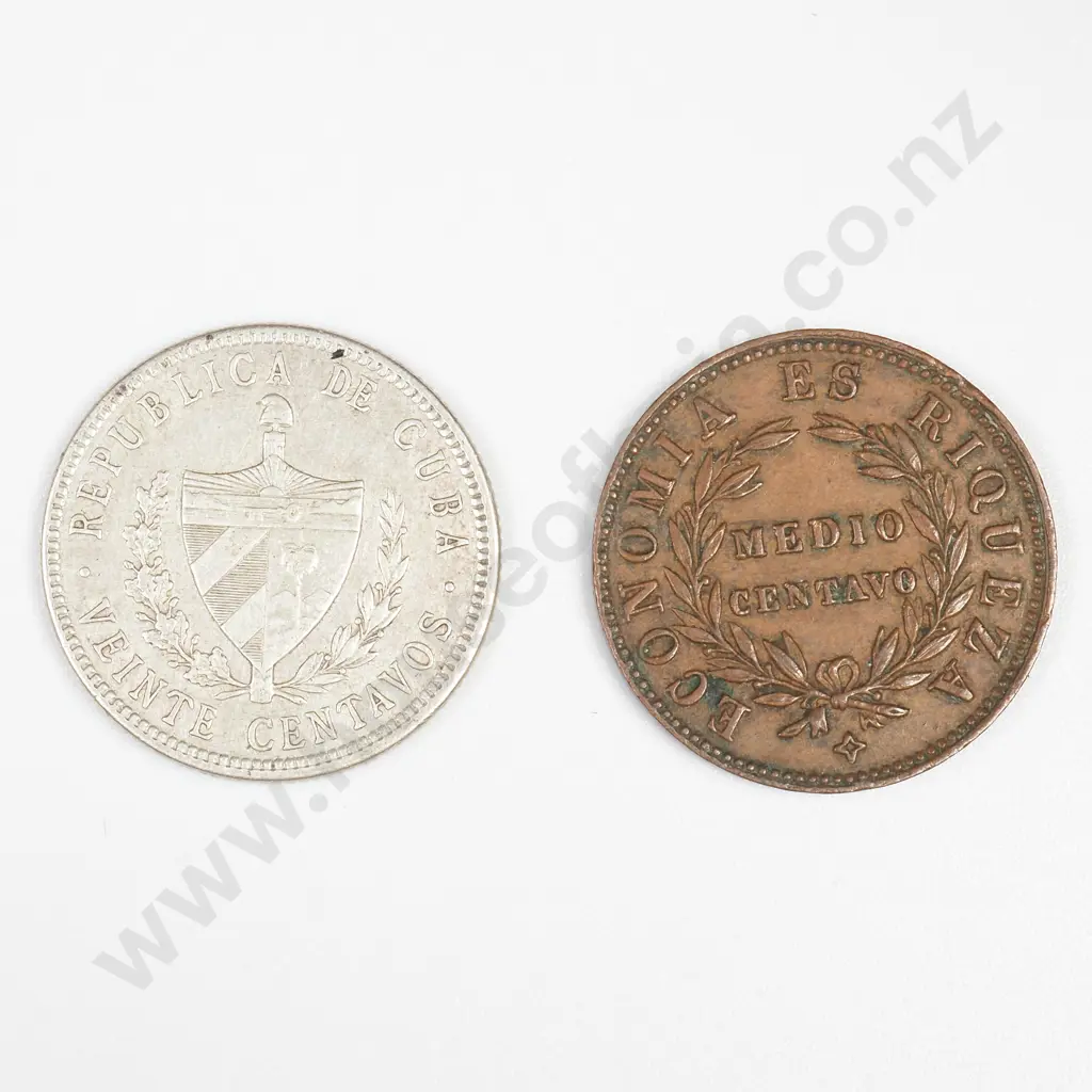 Chile 1853 Half Centavo & Cuba 1915 Silver 20 Cents Image 1++
