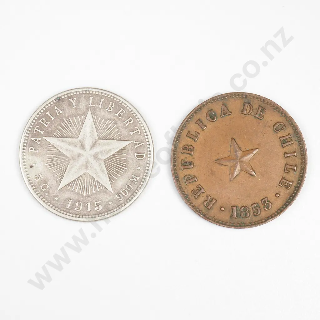 Chile 1853 Half Centavo & Cuba 1915 Silver 20 Cents Image 1++