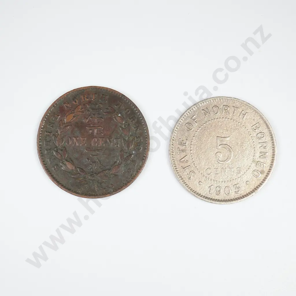 British North Borneo 1885 One Cent & 1903 Five Cents coins Image 1++