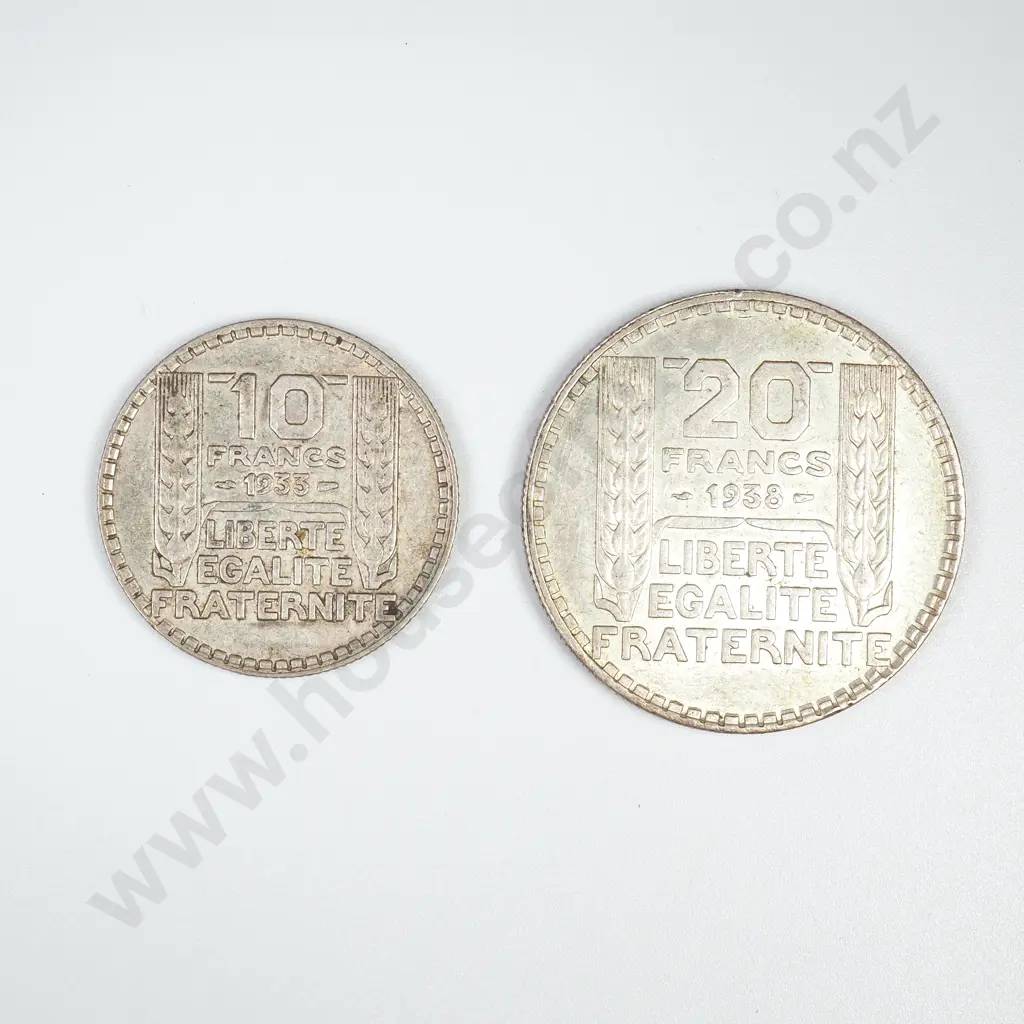 France Silver 1933 10 Francs, Very Fine and 1938 20 Francs, Extremely Fine Image 1++